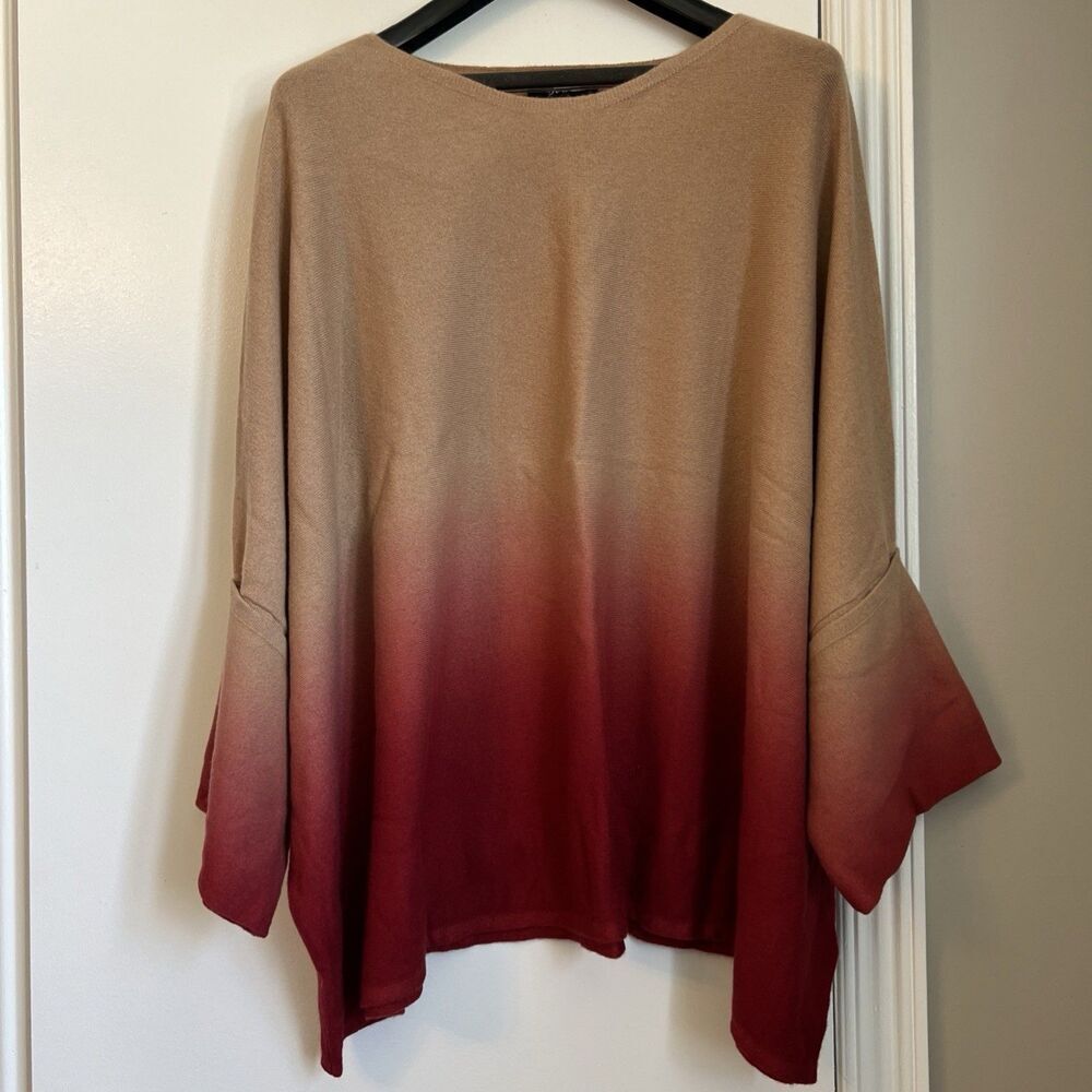Soft by NAADAM Sz M-L 100%Cashmere Ombre Beige Red Poncho Oversized Sweater NWOT